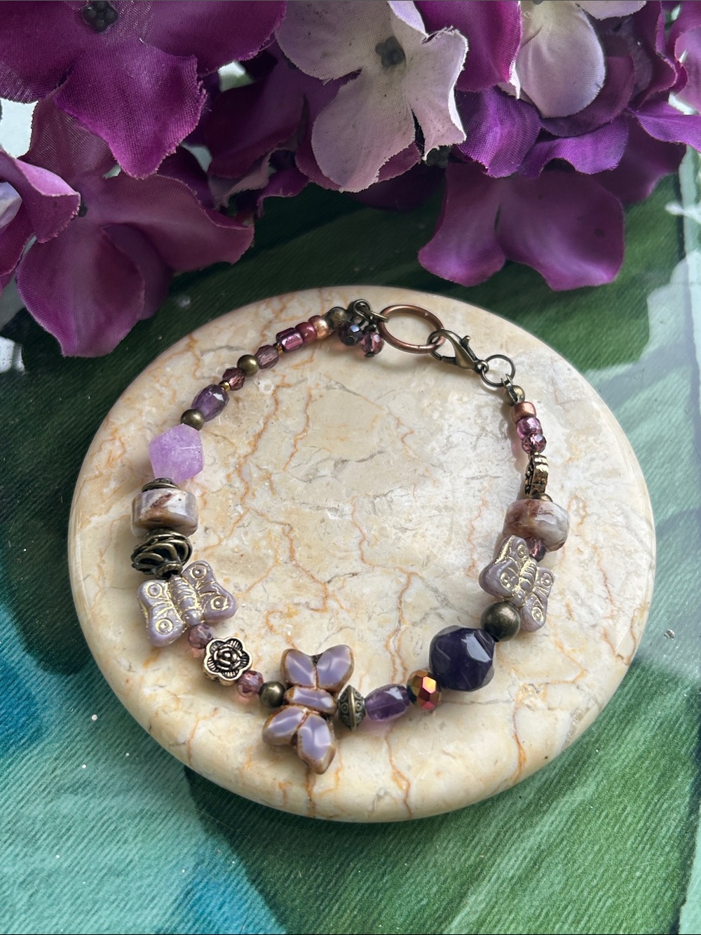 Purple Bead & Butterfly Accent Bracelet - Unbranded
